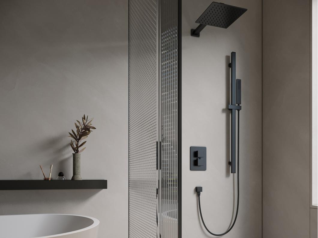 Ensemble de douche encastrable avec mitigeur thermostatique et support mural réglable - Noir mat - TEREK