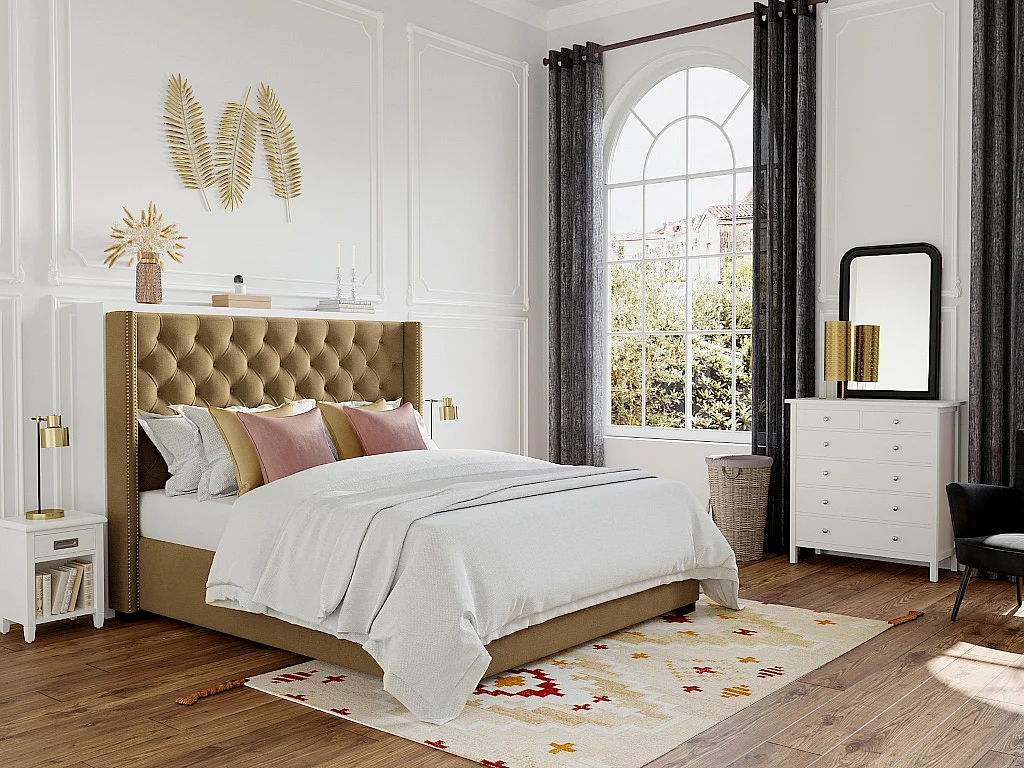 Tweepersoonsbed MASSIMO gewatteerd met capitons - 160 x 200 cm - Beige - Stof