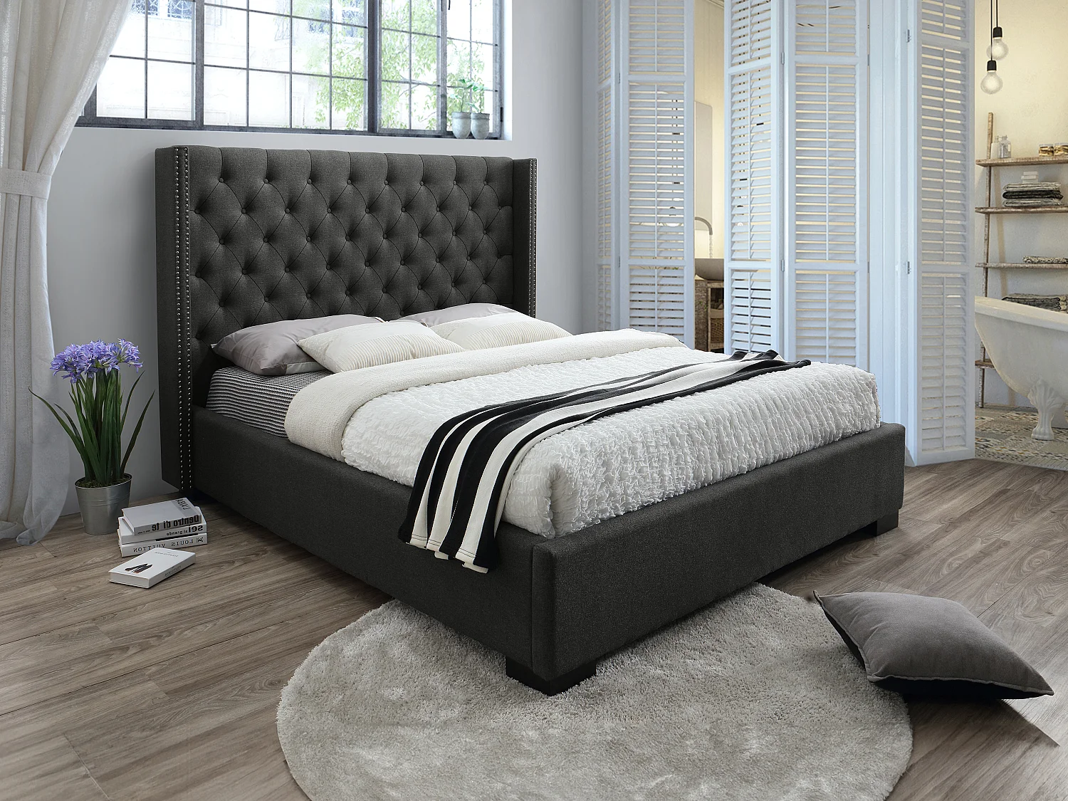 Lit 160 x 200 cm avec tête de lit capitonnée - Tissu - Gris - MASSIMO II