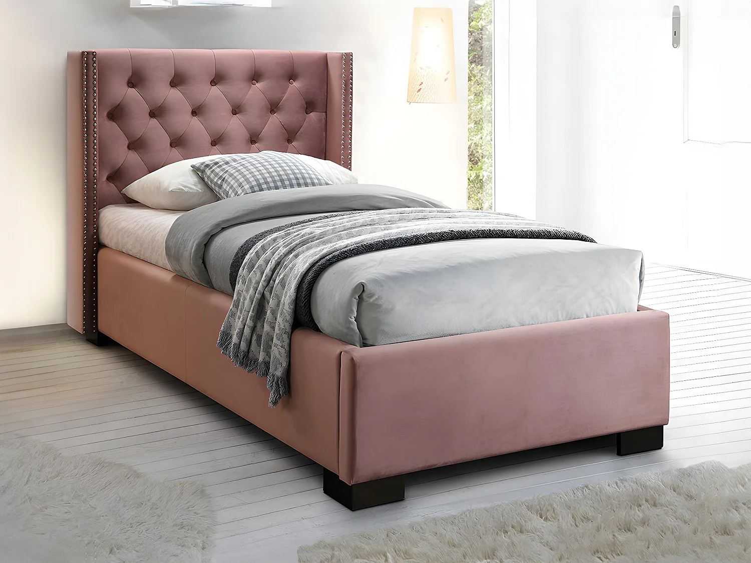 Lit avec tête de lit capitonnée - 90 x 200 cm - Velours rose - MASSIMO II