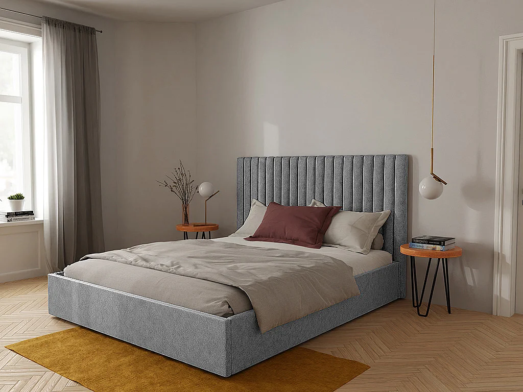 Lit coffre 180 x 200 cm avec tête de lit coutures verticales - Tissu - Gris - SARAH