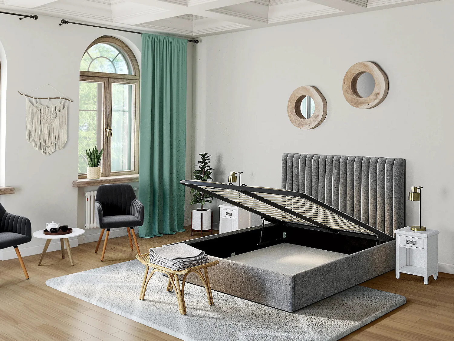 Lit coffre 180 x 200 cm avec tête de lit coutures verticales - Tissu - Gris - SARAH