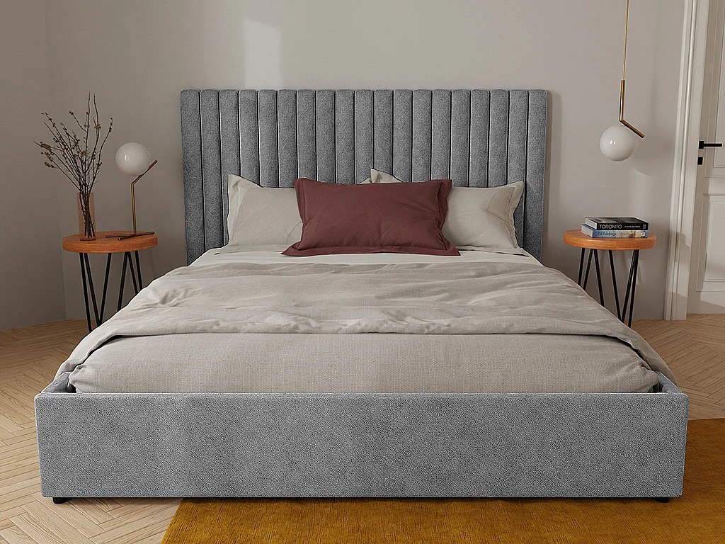 Bed met opbergruimte met hoofdbord met verticale stiksels - 180 x 200 cm - Stof - Grijs - SARAH