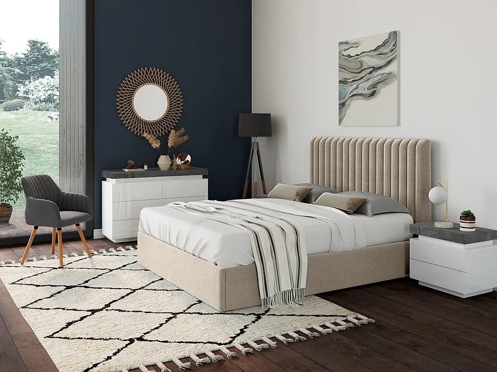 Lit coffre 180 x 200 cm avec tête de lit coutures verticales - Tissu - Taupe - SARAH