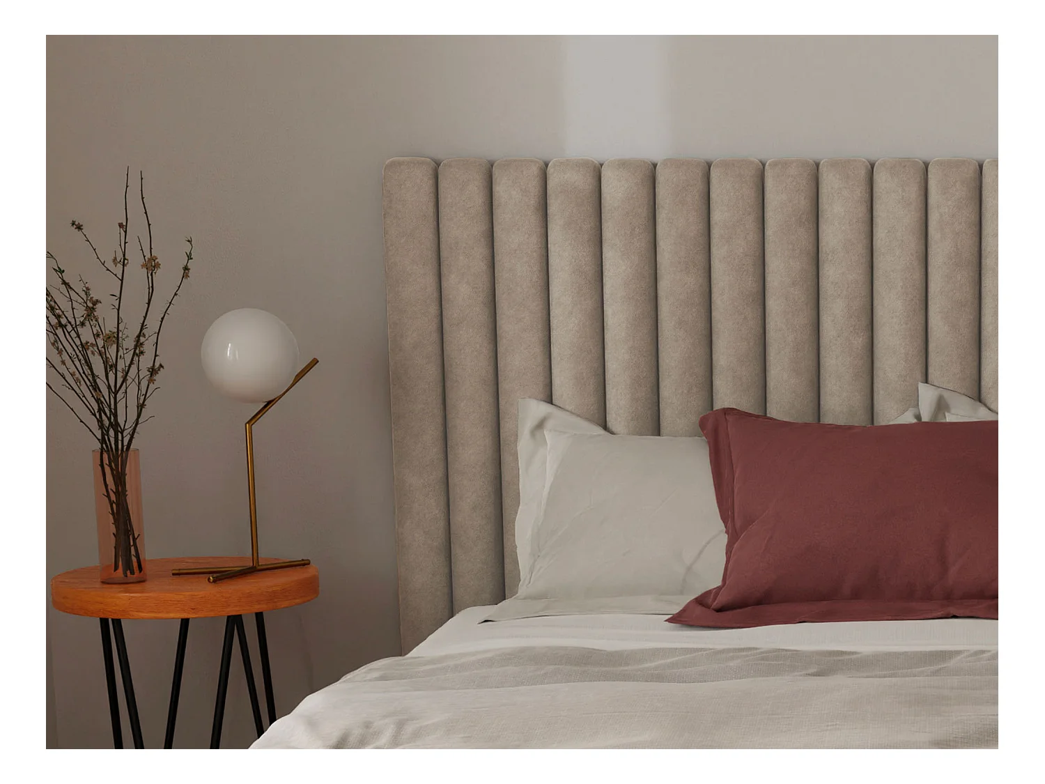 Letto con contenitore e testata con cuciture verticali 180 x 200 cm Tessuto Beige SARAH
