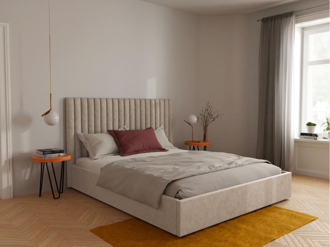 Bed met opbergruimte met hoofdbord met verticale stiksels - 180 x 200 cm - Stof - Beige - SARAH