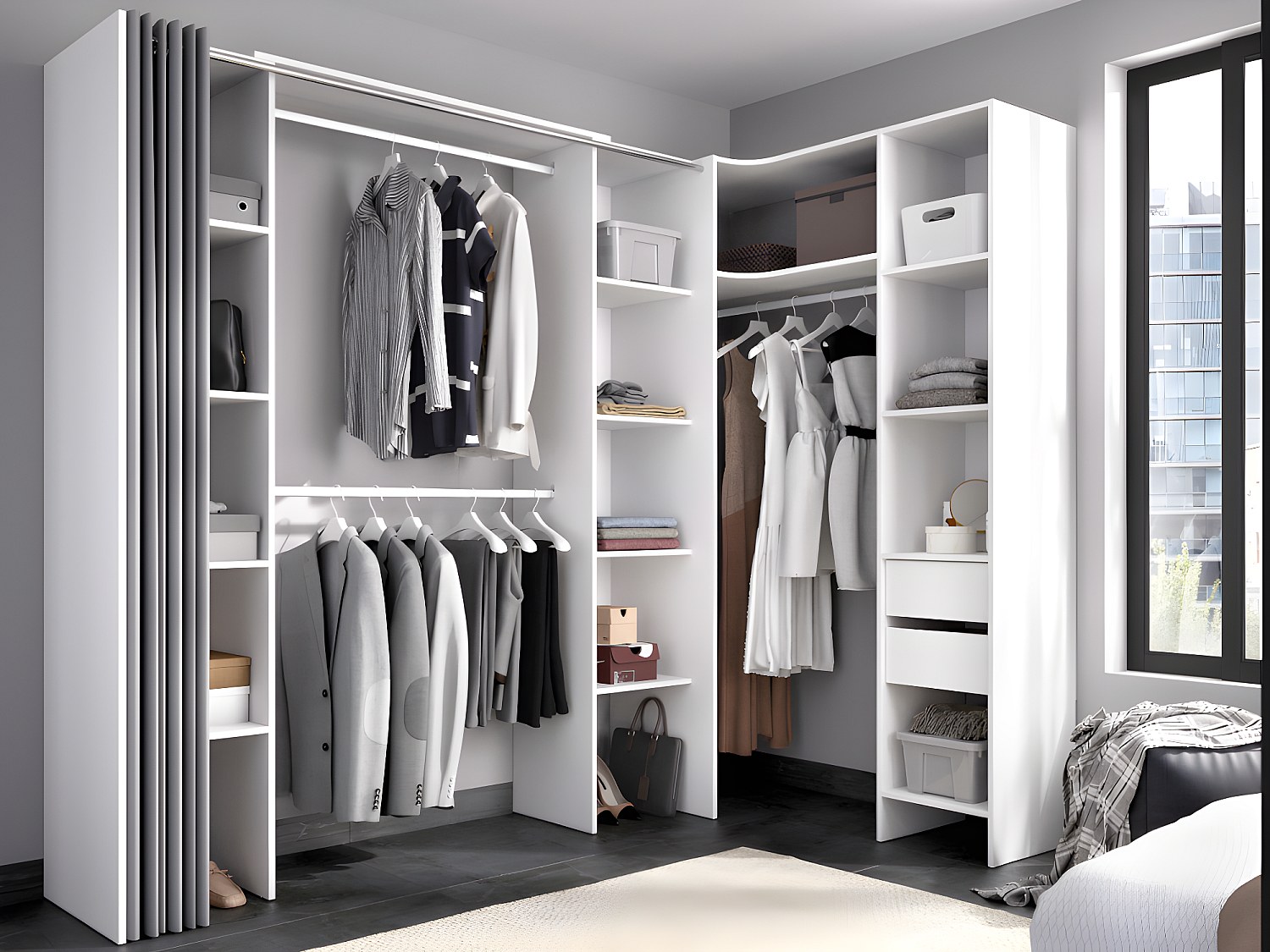 Vente-unique Eckkleiderschrank Kleiderschranksystem - B. 164/234 Cm - Weiß & Grau - Dorian