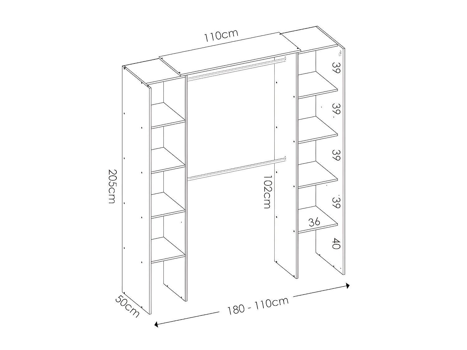 Armario ropero de esquina extensible DORIAN - Ancho 164/234 cm - roble y antracita