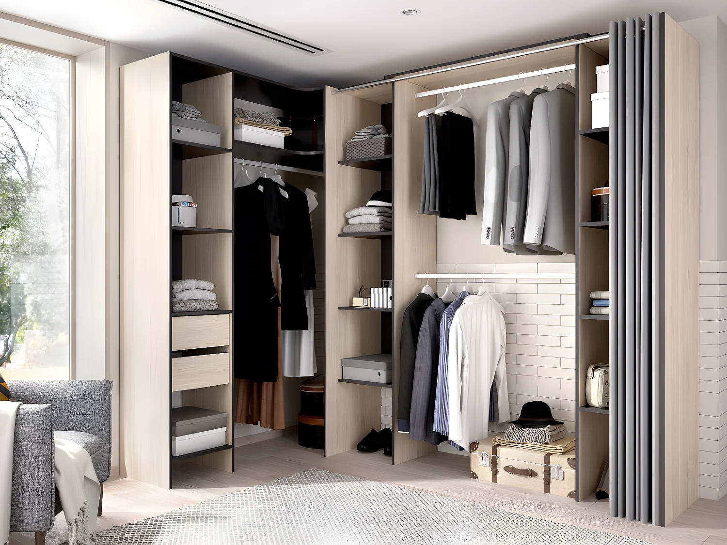 Roupeiro de canto extensível de C164/234 cm cor carvalho e antracite - DORIAN