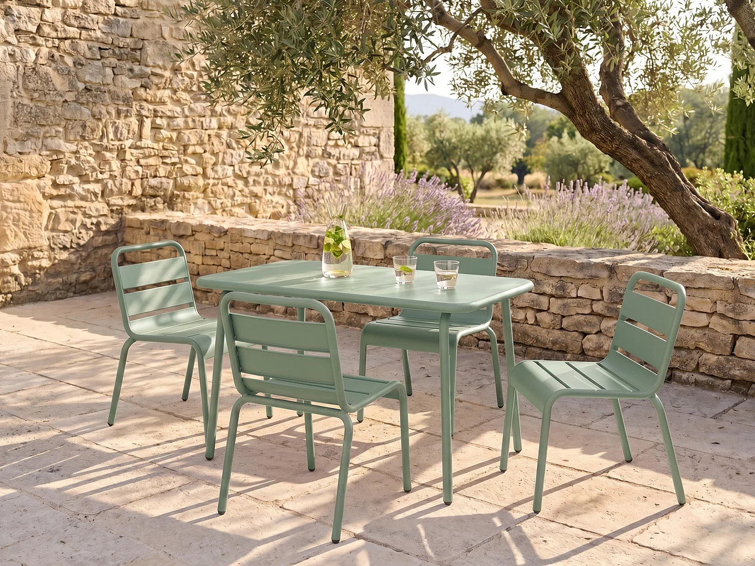 Children's metal garden dining set - one table and 4 stackable chairs - Almond green - POPAYAN by MYLIA