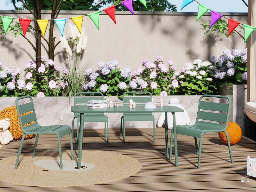 Salle à manger de jardin pour enfants en métal - une table et 4 chaises empilables - Vert amande - POPAYAN de MYLIA