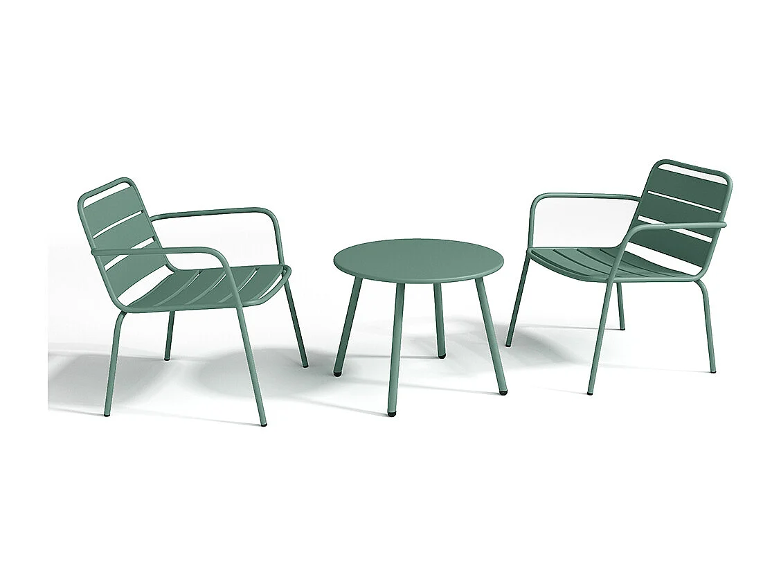 Salon de jardin en métal - 2 fauteuils bas empilables et une table d'appoint ronde - Vert amande - MIRMANDE de MYLIA