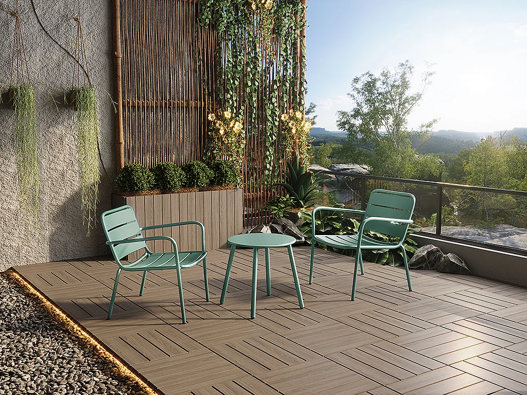 Salon de jardin en métal - 2 fauteuils bas empilables et une table d'appoint ronde - Vert amande - MIRMANDE de MYLIA