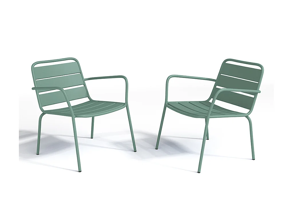 Salon de jardin en métal - 2 fauteuils bas empilables et une table d'appoint ronde - Vert amande - MIRMANDE de MYLIA