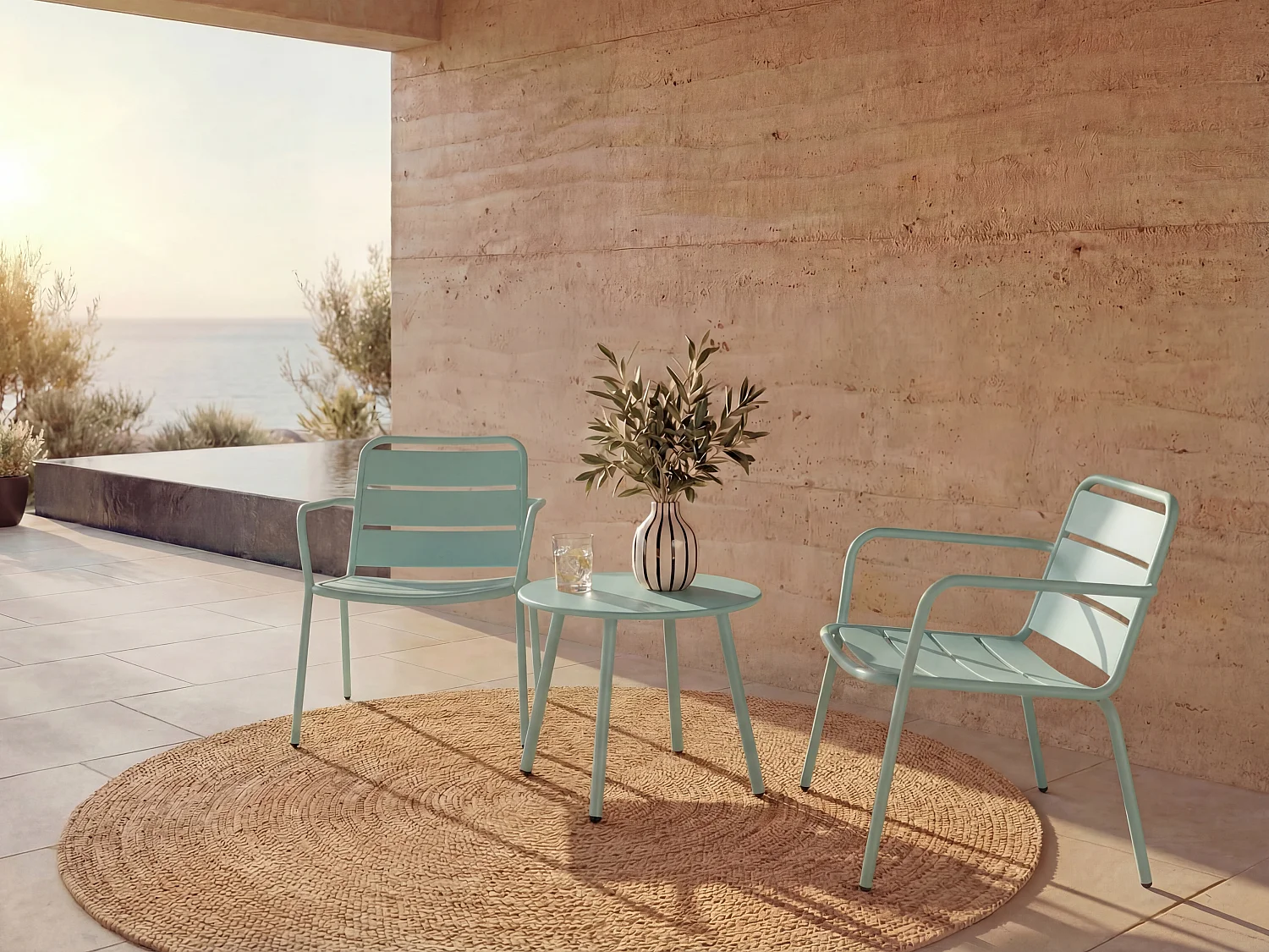 Salon de jardin en métal - 2 fauteuils bas empilables et une table d'appoint ronde - Vert amande - MIRMANDE de MYLIA