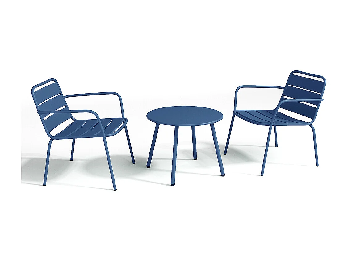 Garten-Sitzgruppe: Beistelltisch + 2 stapelbare Sessel - Metall - Dunkelblau - MIRMANDE von MYLIA