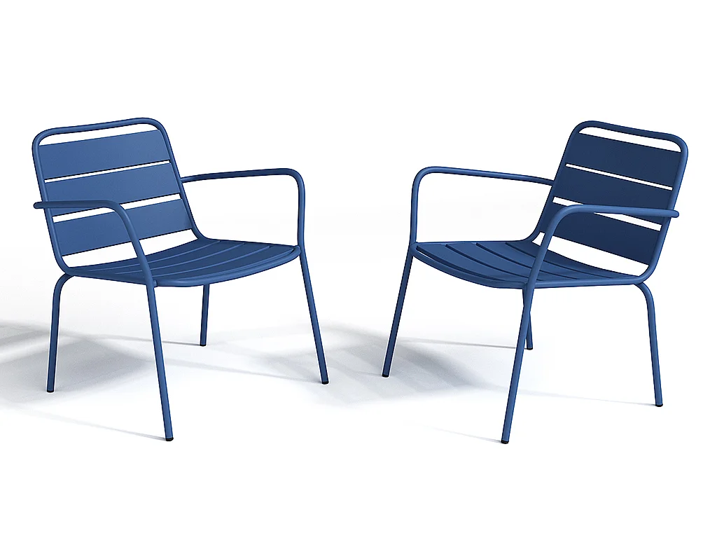 Garten-Sitzgruppe: Beistelltisch + 2 stapelbare Sessel - Metall - Dunkelblau - MIRMANDE von MYLIA