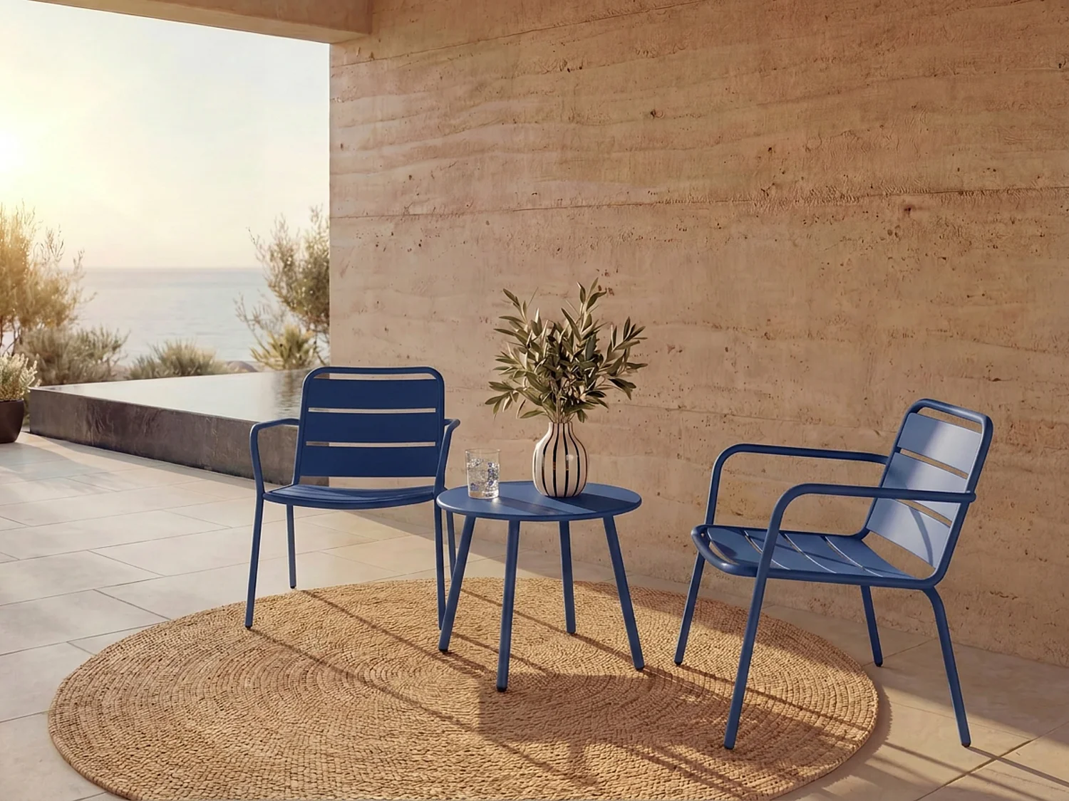Salon de jardin en métal - 2 fauteuils bas empilables et une table d'appoint ronde - Bleu nuit - MIRMANDE de MYLIA