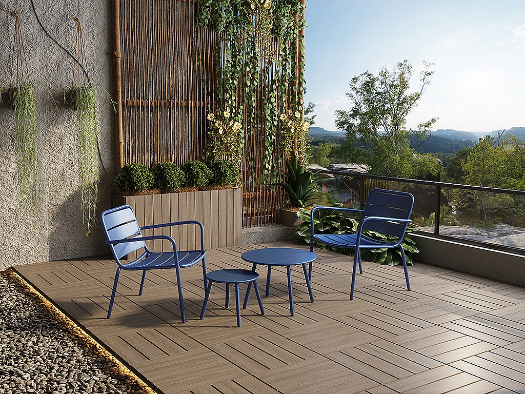 Salon de jardin en métal - 2 fauteuils bas empilables et tables gigognes - Bleu nuit - MIRMANDE de MYLIA