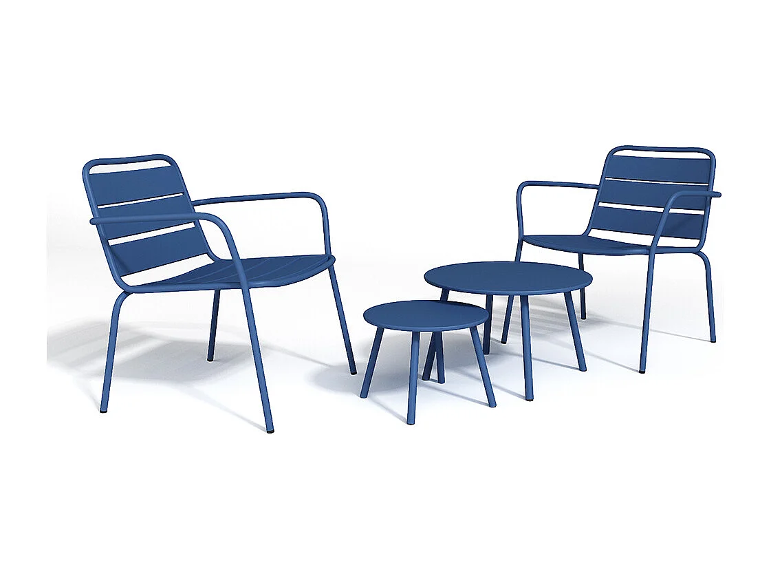 Salon de jardin en métal - 2 fauteuils bas empilables et tables gigognes - Bleu nuit - MIRMANDE de MYLIA