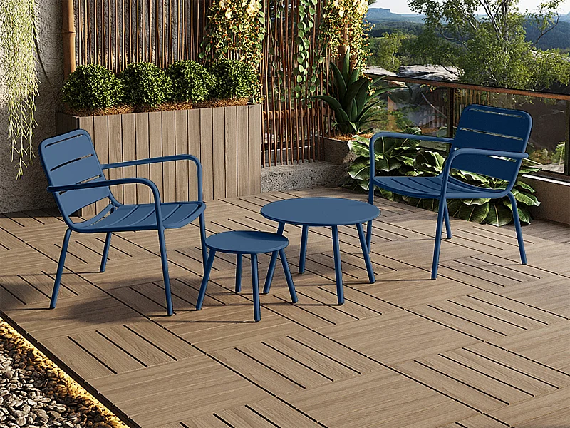 Loungeset MIRMANDE: 2 lage opstapelbare fauteuils met 2 bijzettafeltjes - Metaal - Nachtblauw