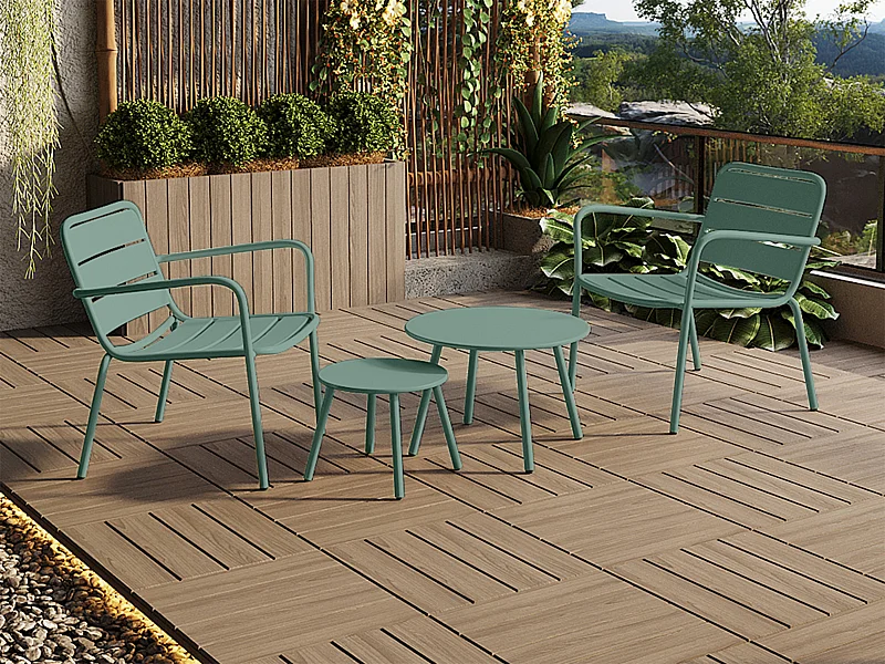 Garten-Sitzgruppe: 2 Beistelltische + 2 stapelbare Sessel - Metall - Hellgrün - MIRMANDE von MYLIA