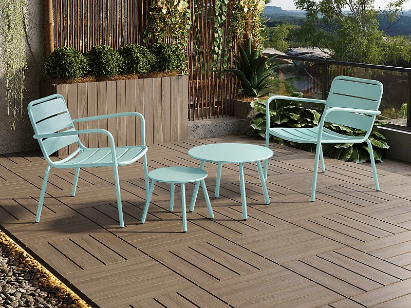 Garten-Sitzgruppe: 2 Beistelltische + 2 stapelbare Sessel - Metall - Hellgrün - MIRMANDE von MYLIA