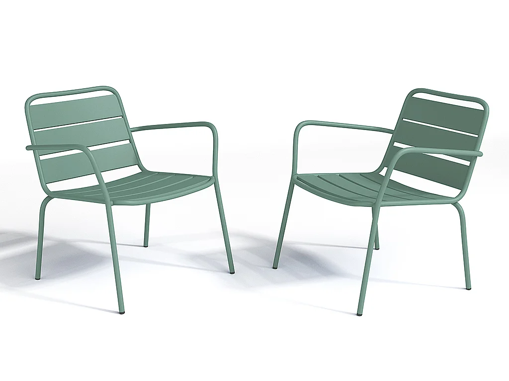 Garten-Sitzgruppe: 2 Beistelltische + 2 stapelbare Sessel - Metall - Hellgrün - MIRMANDE von MYLIA