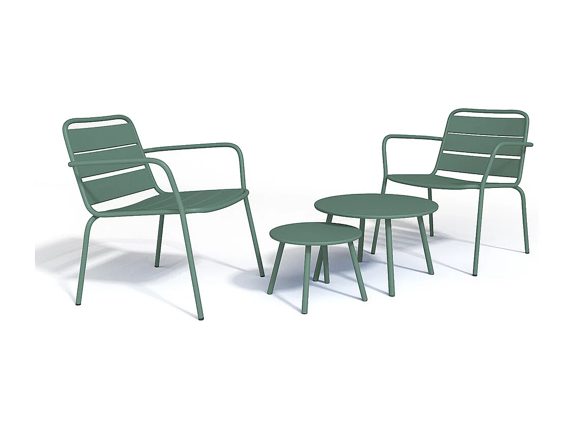 Garten-Sitzgruppe: 2 Beistelltische + 2 stapelbare Sessel - Metall - Hellgrün - MIRMANDE von MYLIA