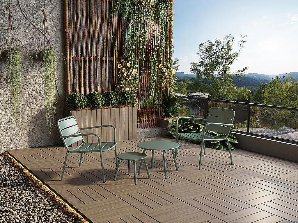 Garten-Sitzgruppe: 2 Beistelltische + 2 stapelbare Sessel - Metall - Hellgrün - MIRMANDE von MYLIA