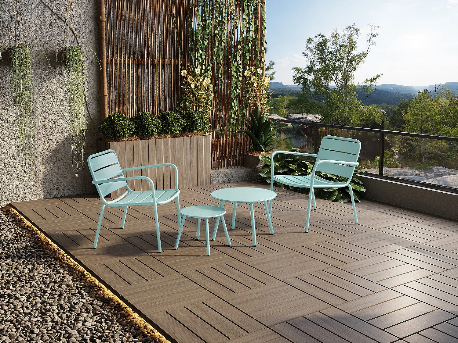 Loungeset MIRMANDE: 2 lage opstapelbare fauteuils met 2 bijzettafeltjes - Metaal - Amandelgroen