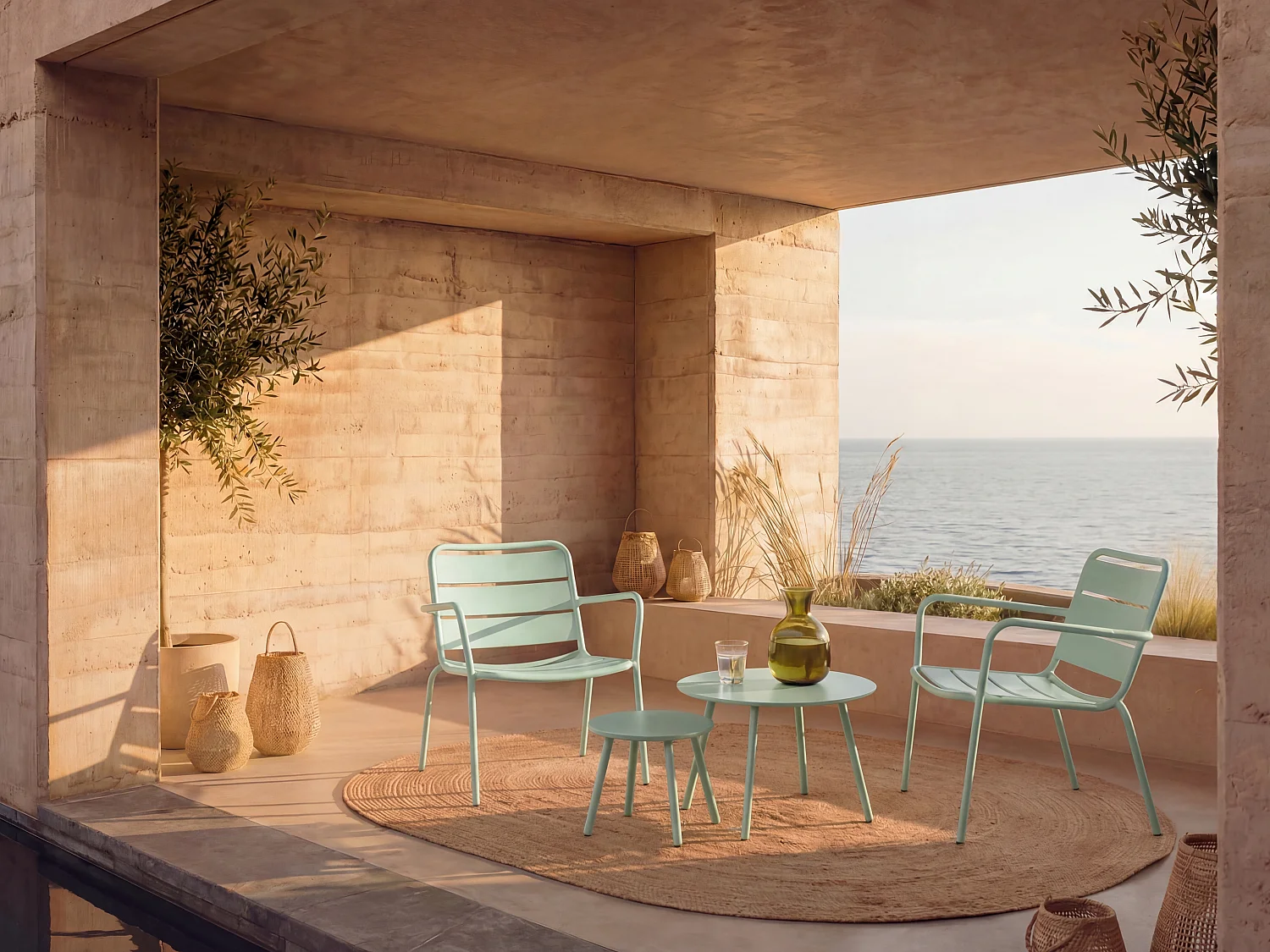 Garten-Sitzgruppe: 2 Beistelltische + 2 stapelbare Sessel - Metall - Hellgrün - MIRMANDE von MYLIA