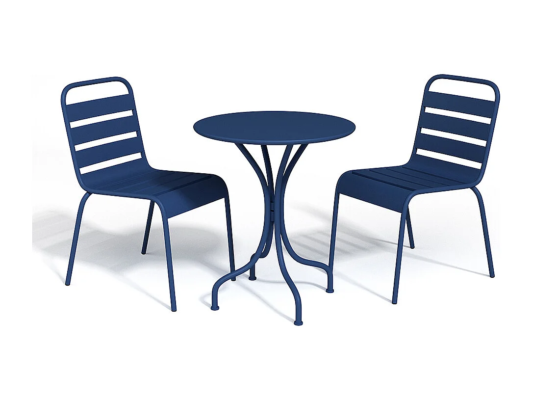 Conjunto de jantar de jardim em metal, uma mesa D. 60 cm e 2 cadeiras empilháveis azul-escuro - MIRMANDE