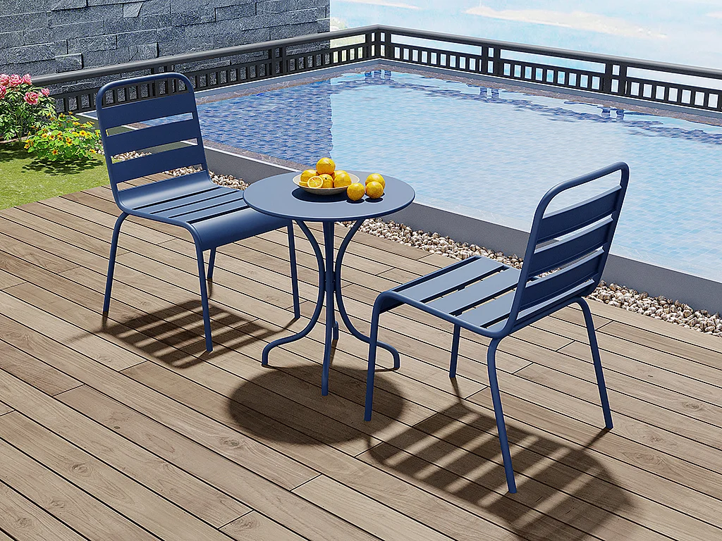 Conjunto de jantar de jardim em metal, uma mesa D. 60 cm e 2 cadeiras empilháveis azul-escuro - MIRMANDE