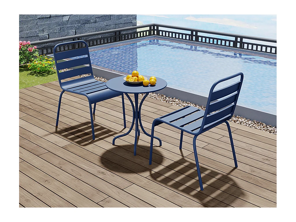 Tuineetset MIRMANDE: tafel D60 cm met 2 opstapelbare stoelen - Metaal - Nachtblauw
