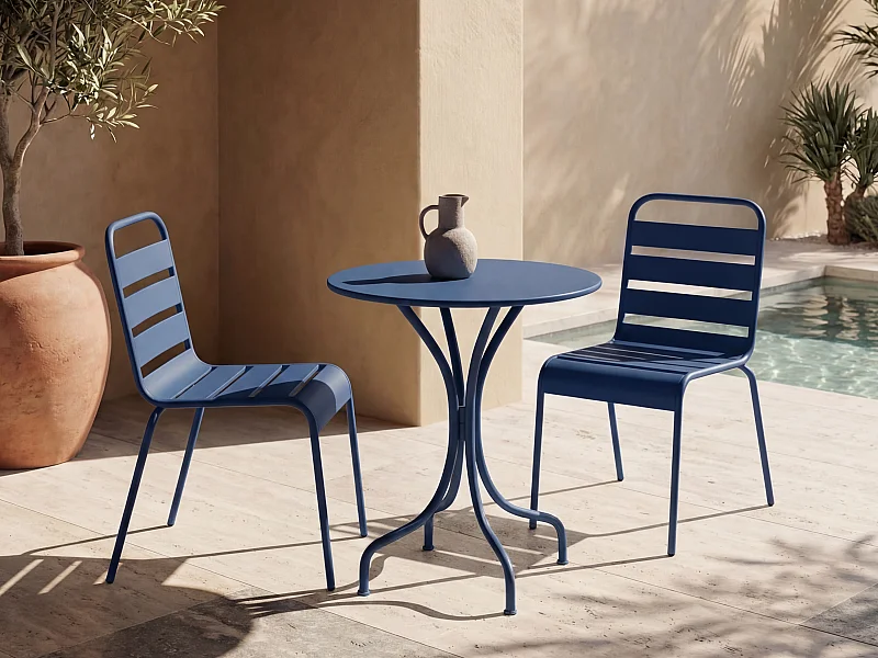 Tuineetset MIRMANDE: tafel D60 cm met 2 opstapelbare stoelen - Metaal - Nachtblauw