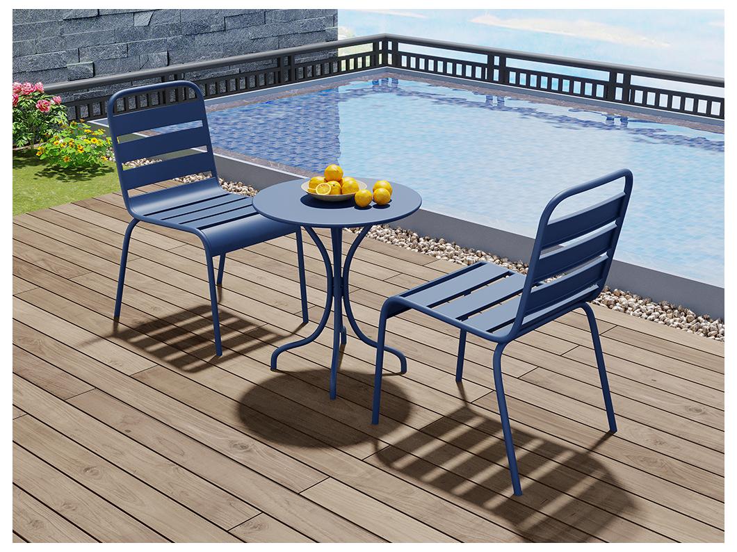 Tuineetset MIRMANDE: tafel D60 cm met 2 opstapelbare stoelen - Metaal - Nachtblauw