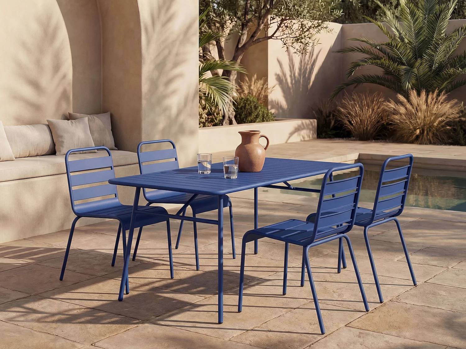 Metal garden dining set - one table W.160 cm and 4 stackable chairs - Midnight blue - MIRMANDE by MYLIA