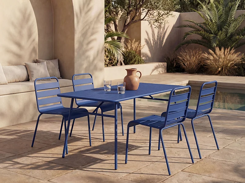 Tuineetset MIRMANDE: tafel L160 cm met 4 opstapelbare stoelen - Metaal - Nachtblauw