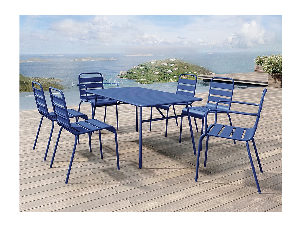 Garten-Essgruppe: Tisch D. 160 cm + 2 Sessel + 4 Stühle - Metall - Dunkelblau - MIRMANDE von MYLIA