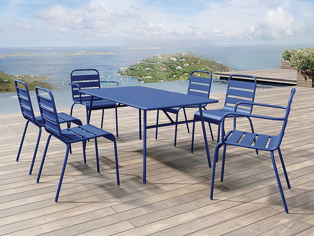 Garten-Essgruppe: Tisch D. 160 cm + 2 Sessel + 4 Stühle - Metall - Dunkelblau - MIRMANDE von MYLIA