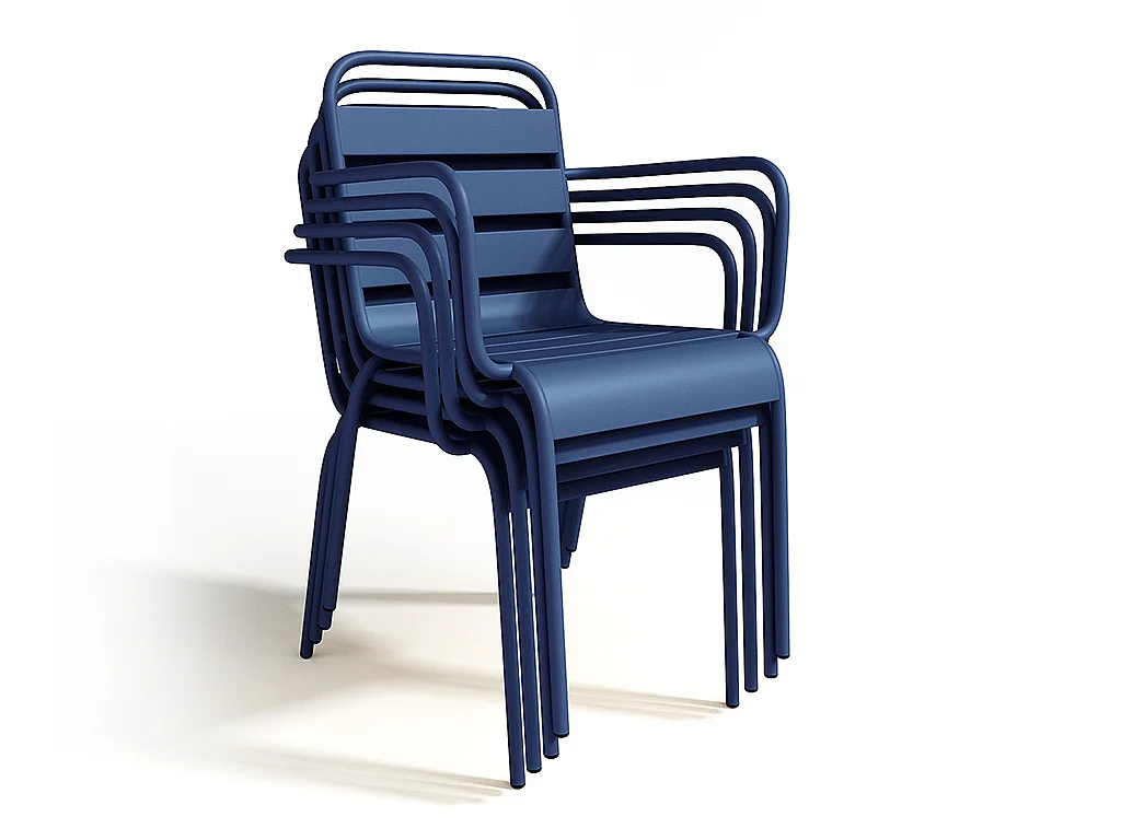Salle à manger de jardin en métal - une table D.110 cm et 4 fauteuils empilables - Bleu nuit - MIRMANDE de MYLIA