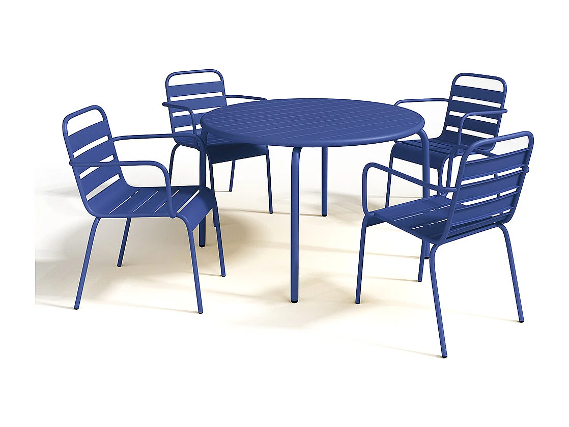 Salle à manger de jardin en métal - une table D.110 cm et 4 fauteuils empilables - Bleu nuit - MIRMANDE de MYLIA