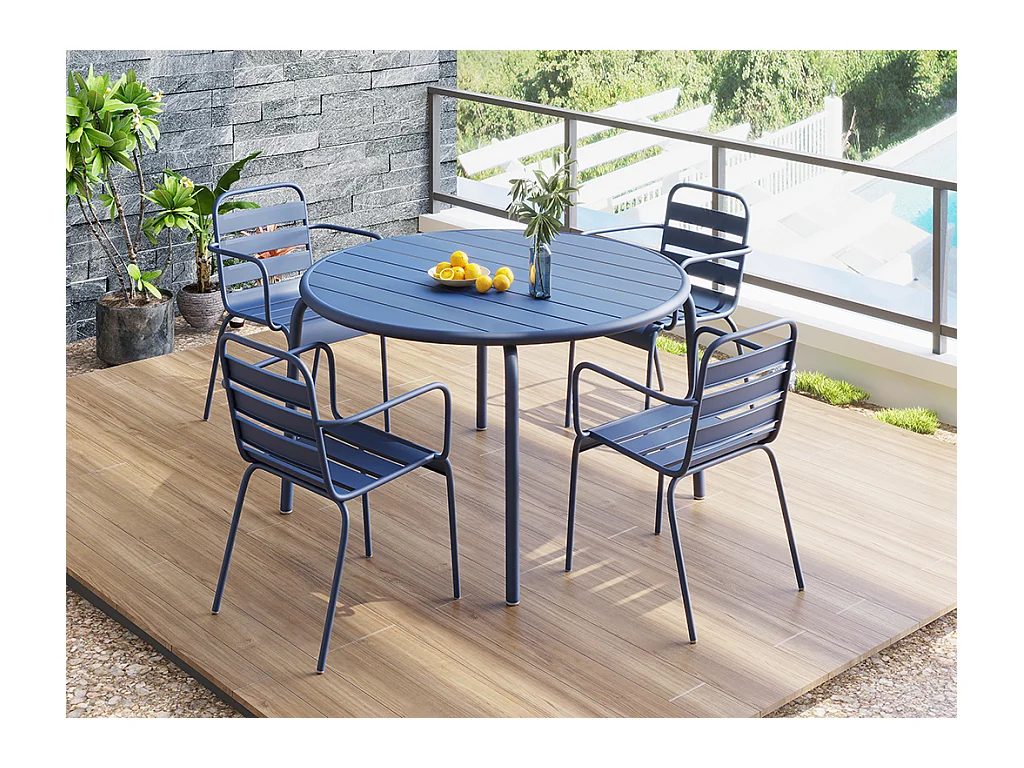 Garten-Essgruppe: Tisch D. 110 cm + 4 stapelbare Sessel - Metall - Dunkelblau - MIRMANDE von MYLIA