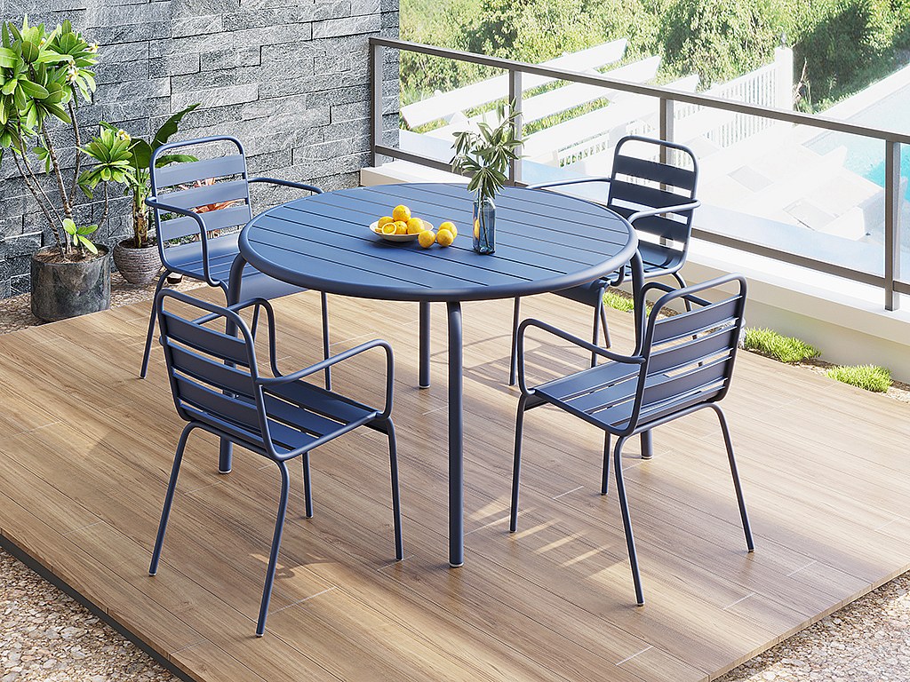 Vente-unique Garten-Essgruppe, Tisch D. 110 Cm + 4 Stapelbare Sessel - Metall - Dunkelblau - Mirmande Von Mylia