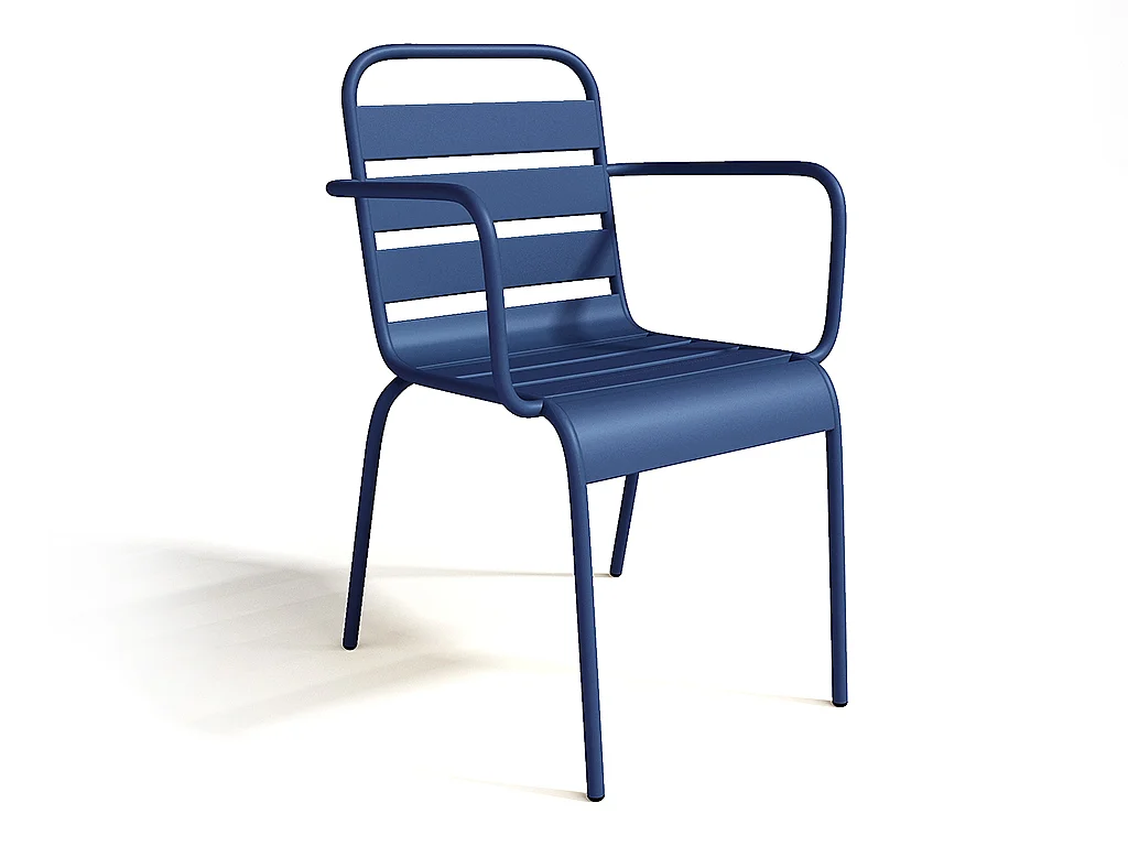 Salle à manger de jardin en métal - une table D.110 cm et 4 fauteuils empilables - Bleu nuit - MIRMANDE de MYLIA