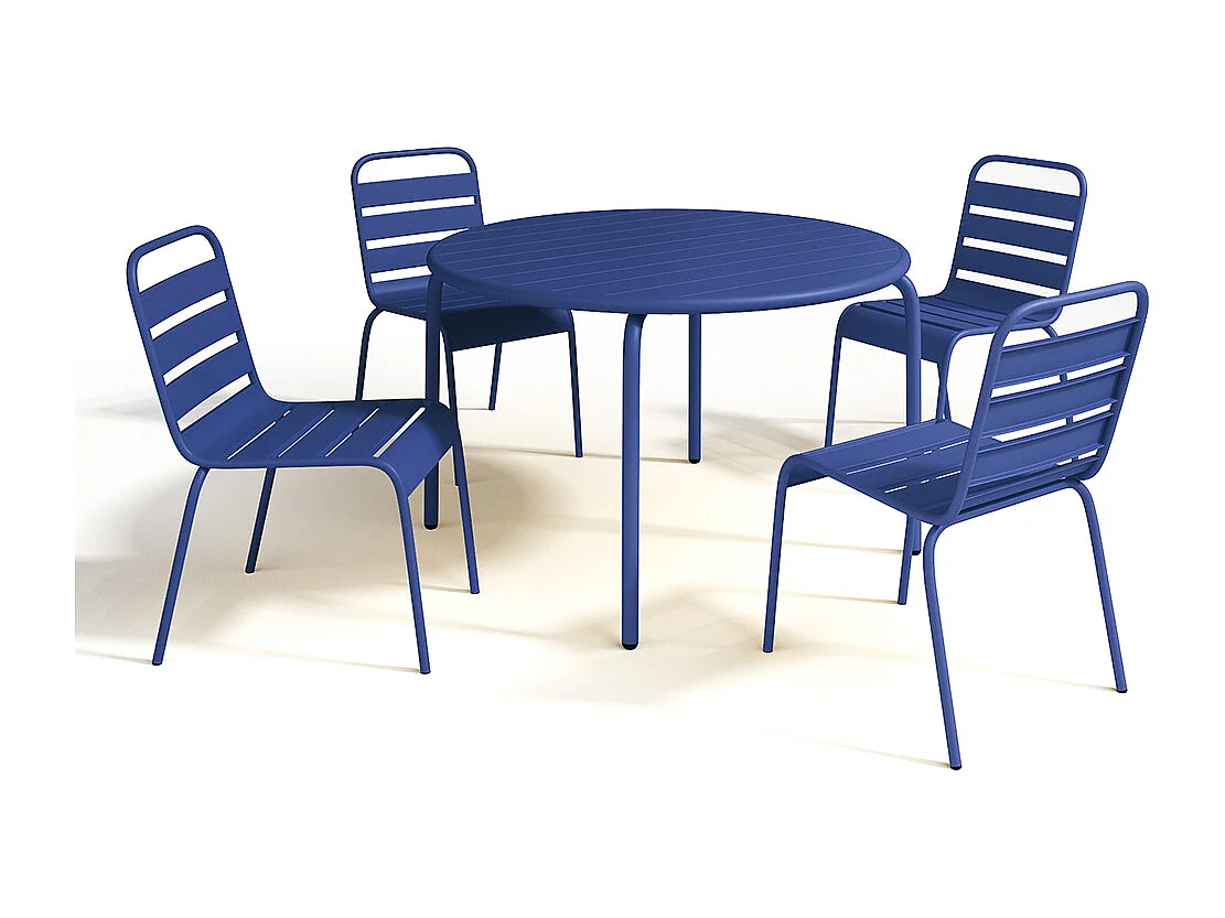 Tuineetset MIRMANDE: tafel D110 cm met 4 opstapelbare stoelen - Metaal - Nachtblauw