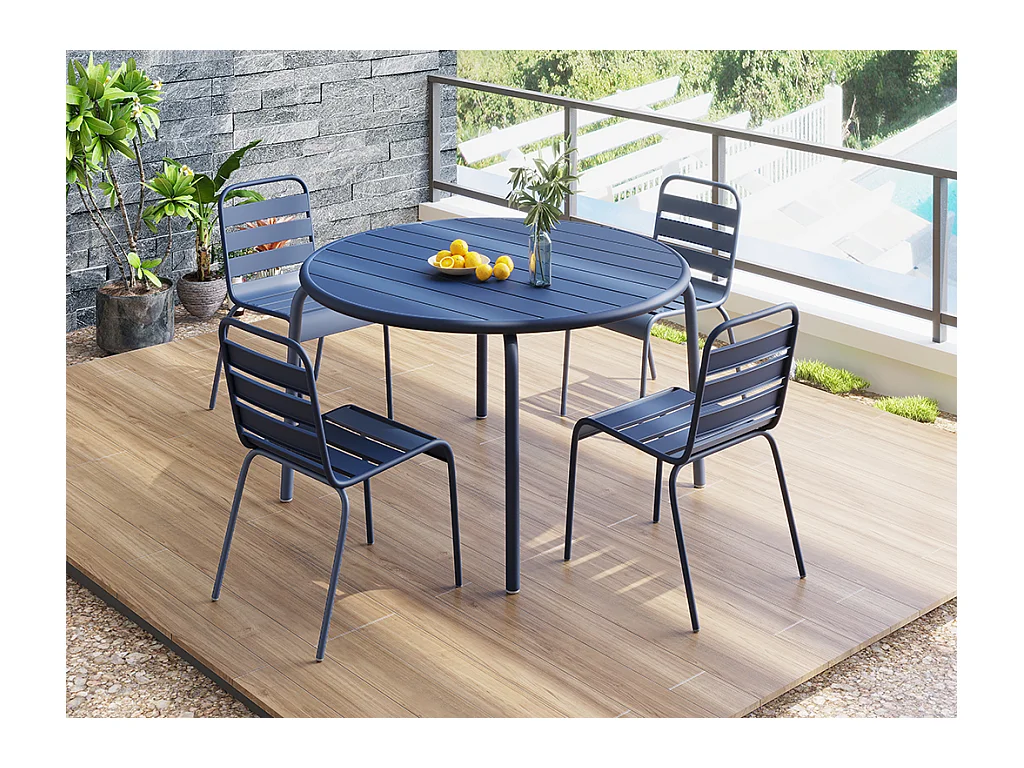 Salle à manger de jardin en métal - une table D.110 cm et 4 chaises empilables - Bleu nuit - MIRMANDE de MYLIA