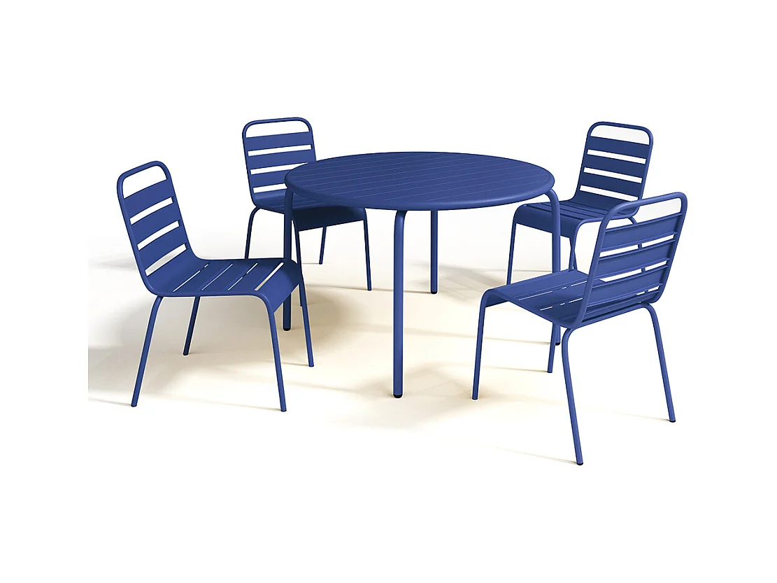 Garten-Essgruppe: Tisch D. 110 cm + 4 stapelbare Stühle - Metall - Dunkelblau - MIRMANDE von MYLIA