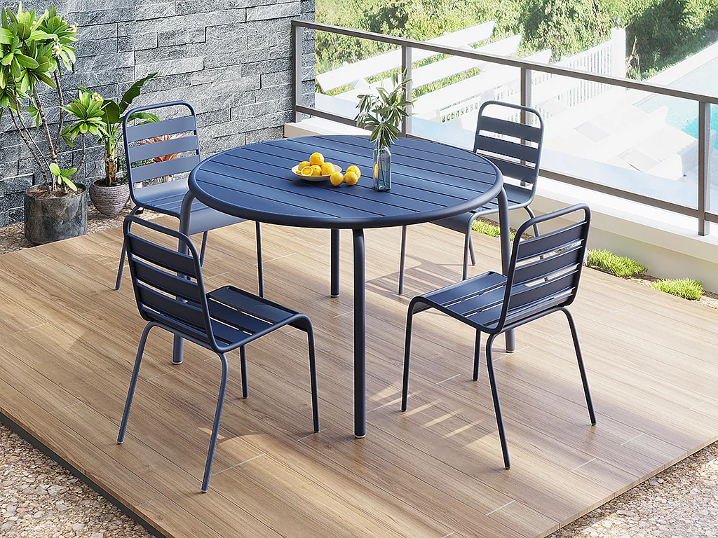 Sala da pranzo da giardino 1 tavolo + 4 sedie impilabili D.110 cm in Metallo Blu notte - MIRMANDE
